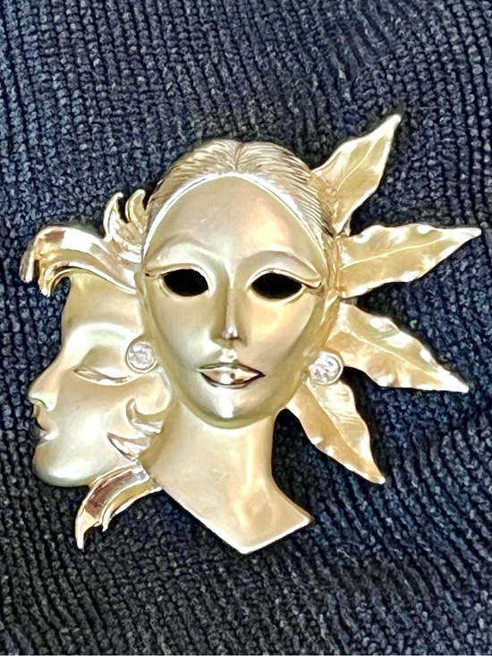 Vintage Accessories - Vintage Art Deco Gold Tone Dual Face Mask Brooch Pin Rhinestone